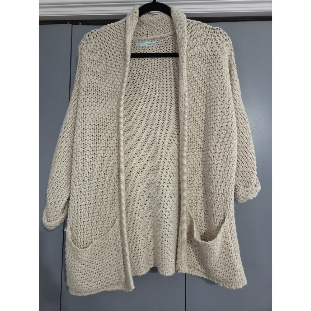 Excellent Maurices Cardigan Medium Cream Chunky Open Front Knit Sweater Pockets
